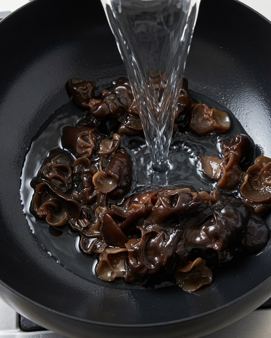 鍋に水を注ぎ、キクラゲを入れている様子