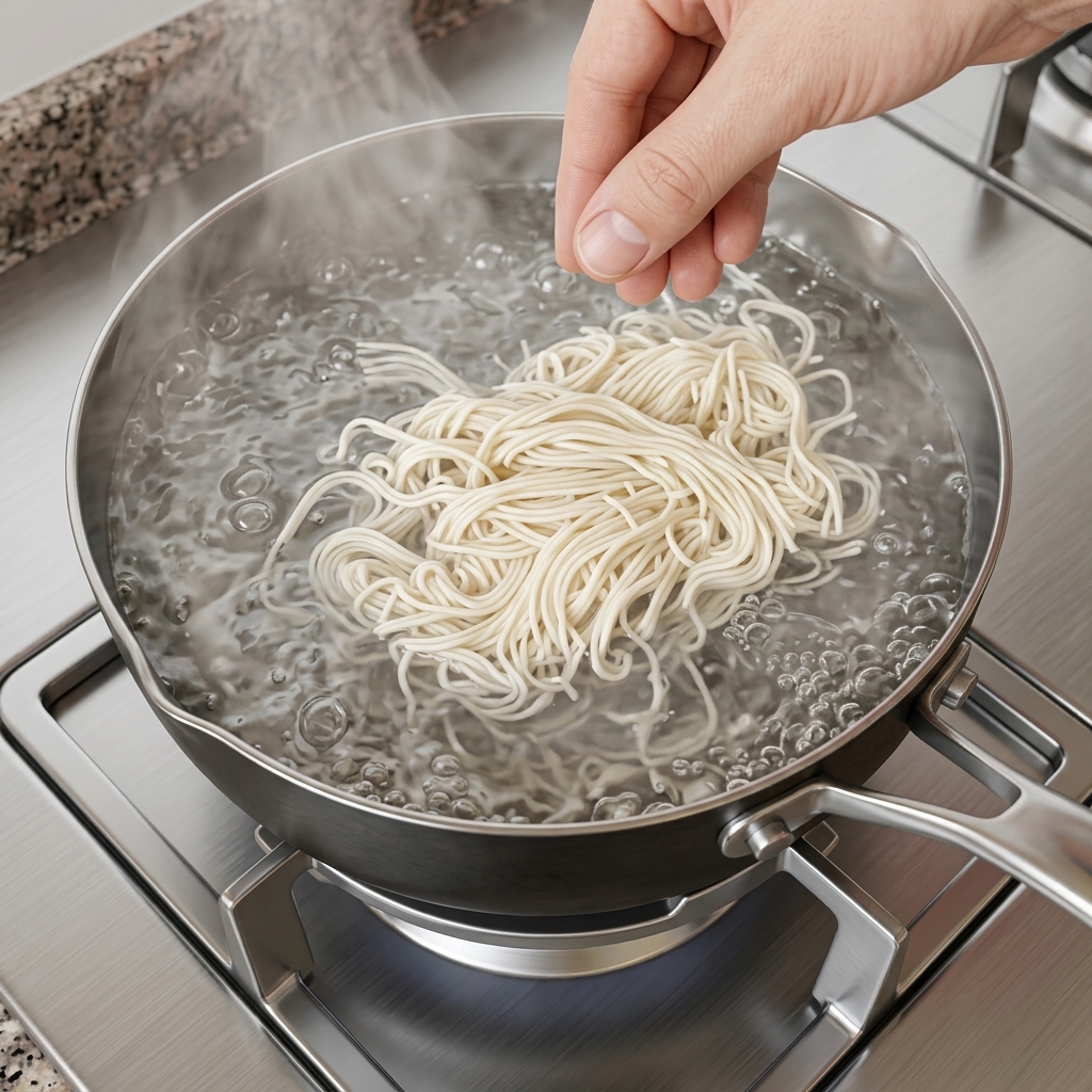 別の鍋で生細麺を茹でている様子