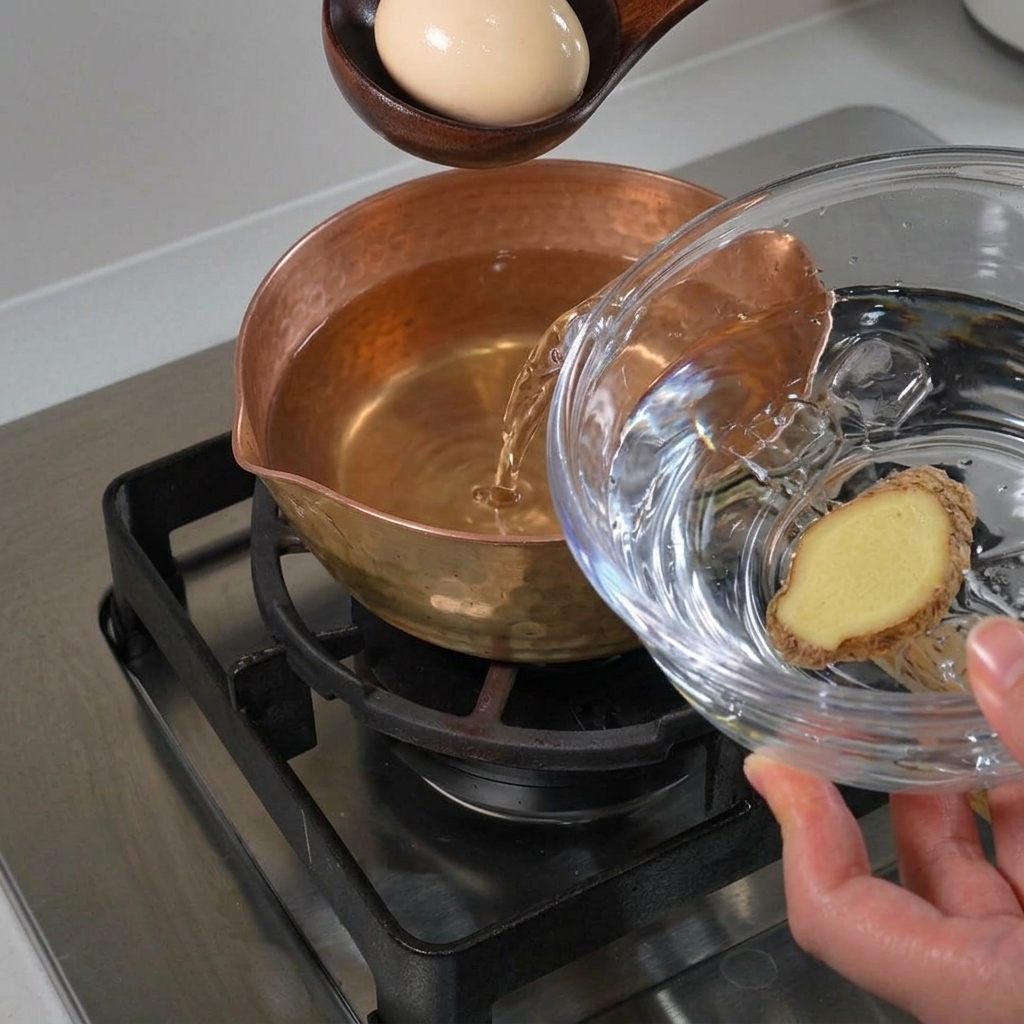 調理の進行を止めるため、茹でた卵を氷が入った冷水のボウルに入れている様子。
