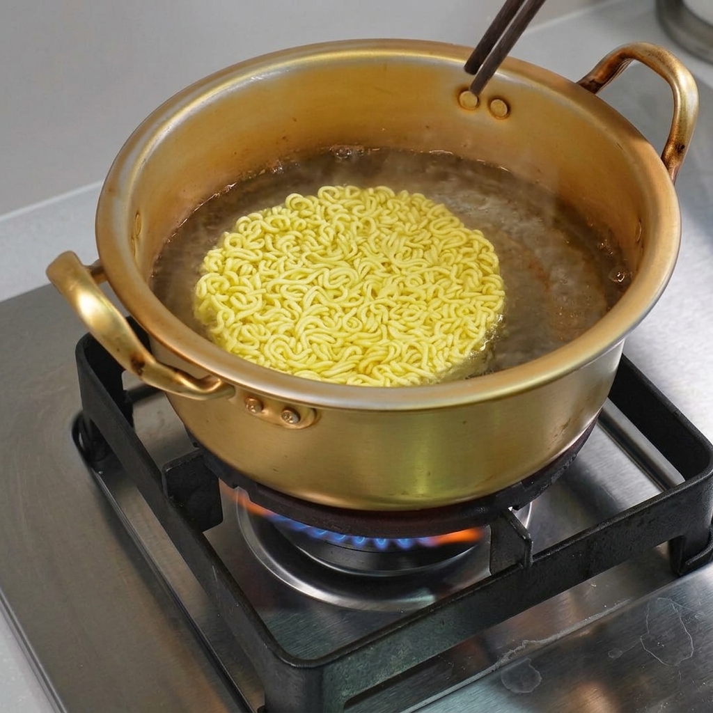コンロに置かれた伝統的な金色のラーメン鍋で、インスタント麺を茹でている様子。