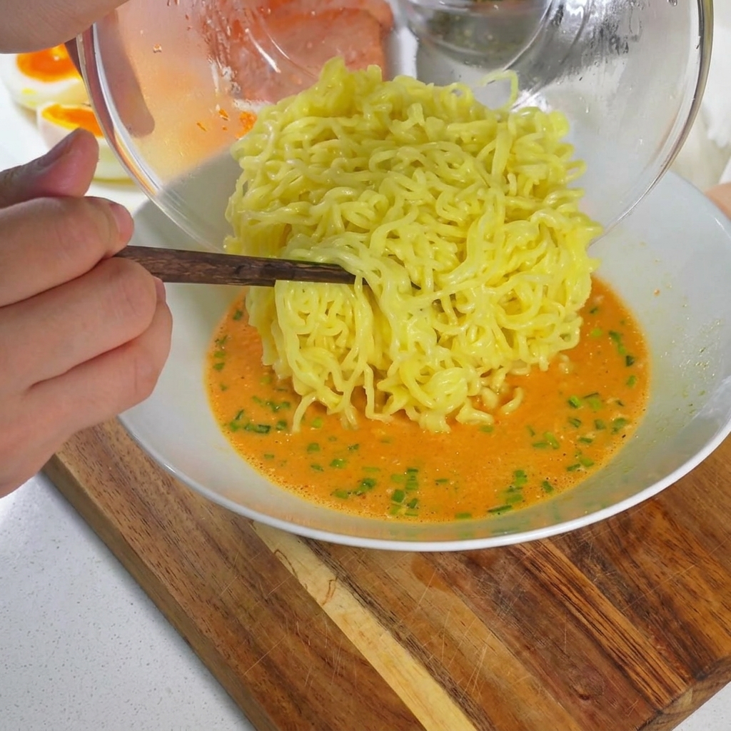 箸で茹で上がったラーメンの麺を持ち上げ、クリーミーなスープが入ったボウルに移している様子。