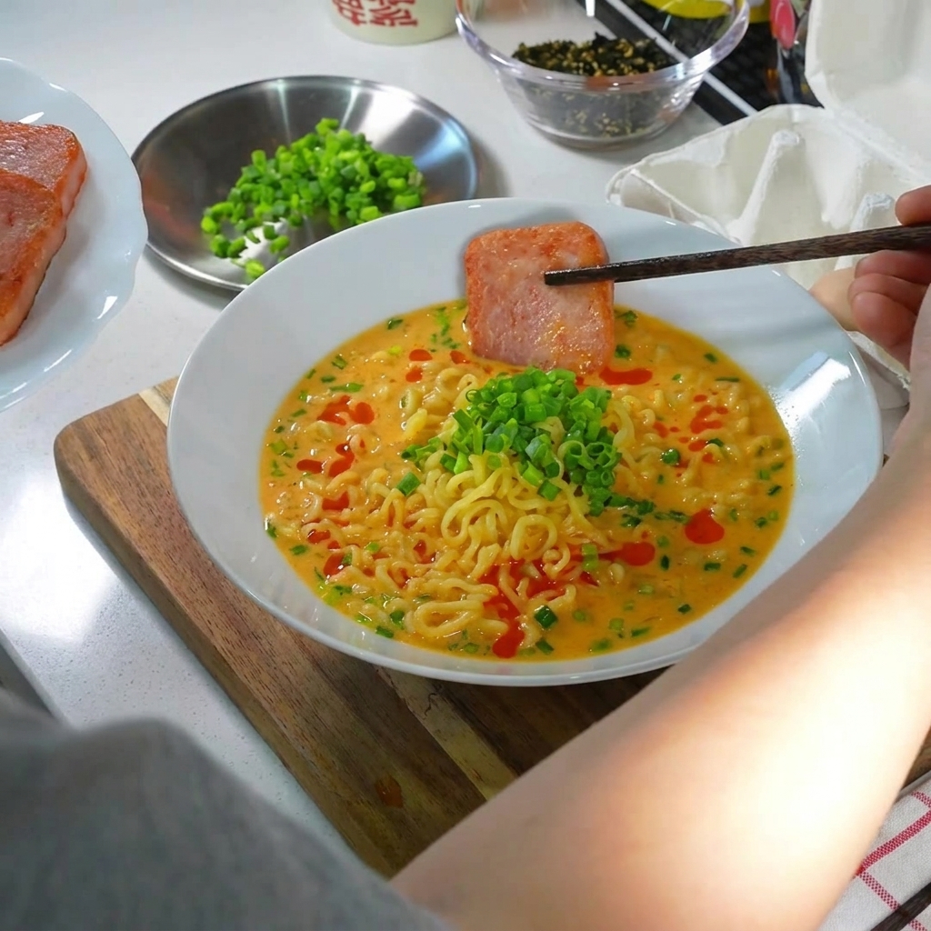 こんがり焼いたスパム、半熟卵、刻んだ青ねぎ、ラー油がトッピングされたラーメンのボウル。