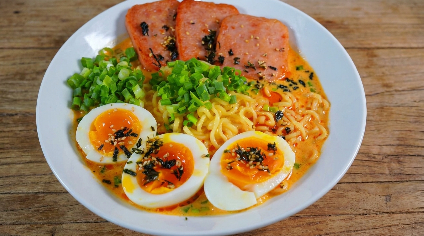こんがりスパムと半熟卵のせ クリーミー・アレンジラーメン