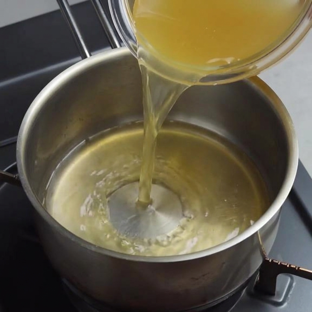 鍋に鶏ガラスープと水を注いでいる様子。