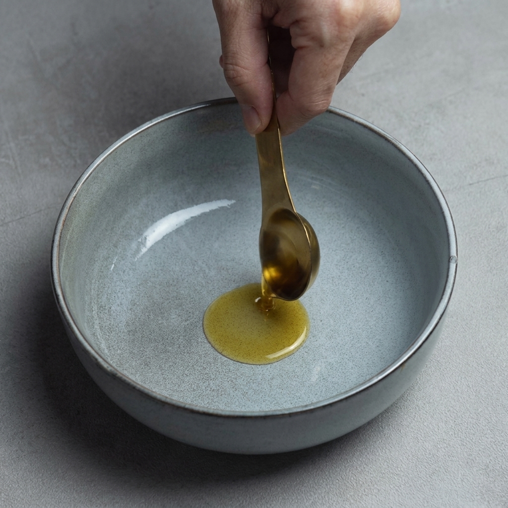 器にごま油を入れ、スープと麺を合わせている様子。
