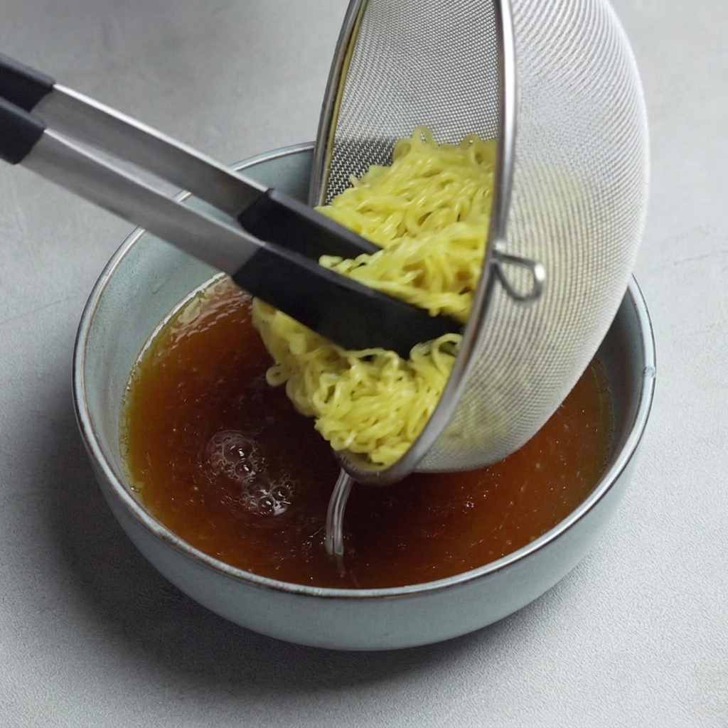 ゆでた麺をスープの中に整えて入れている様子。