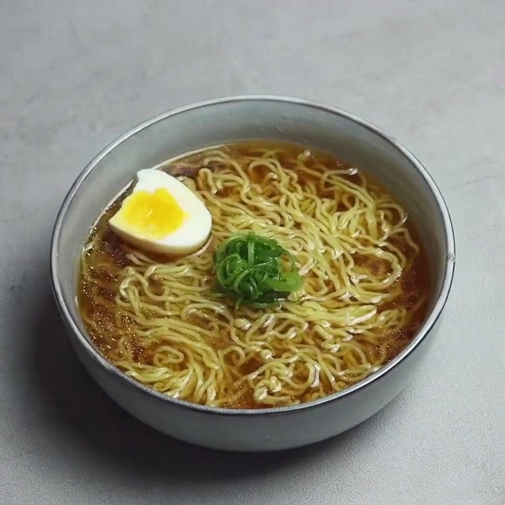 煮卵とネギをトッピングした完成直前のラーメン。