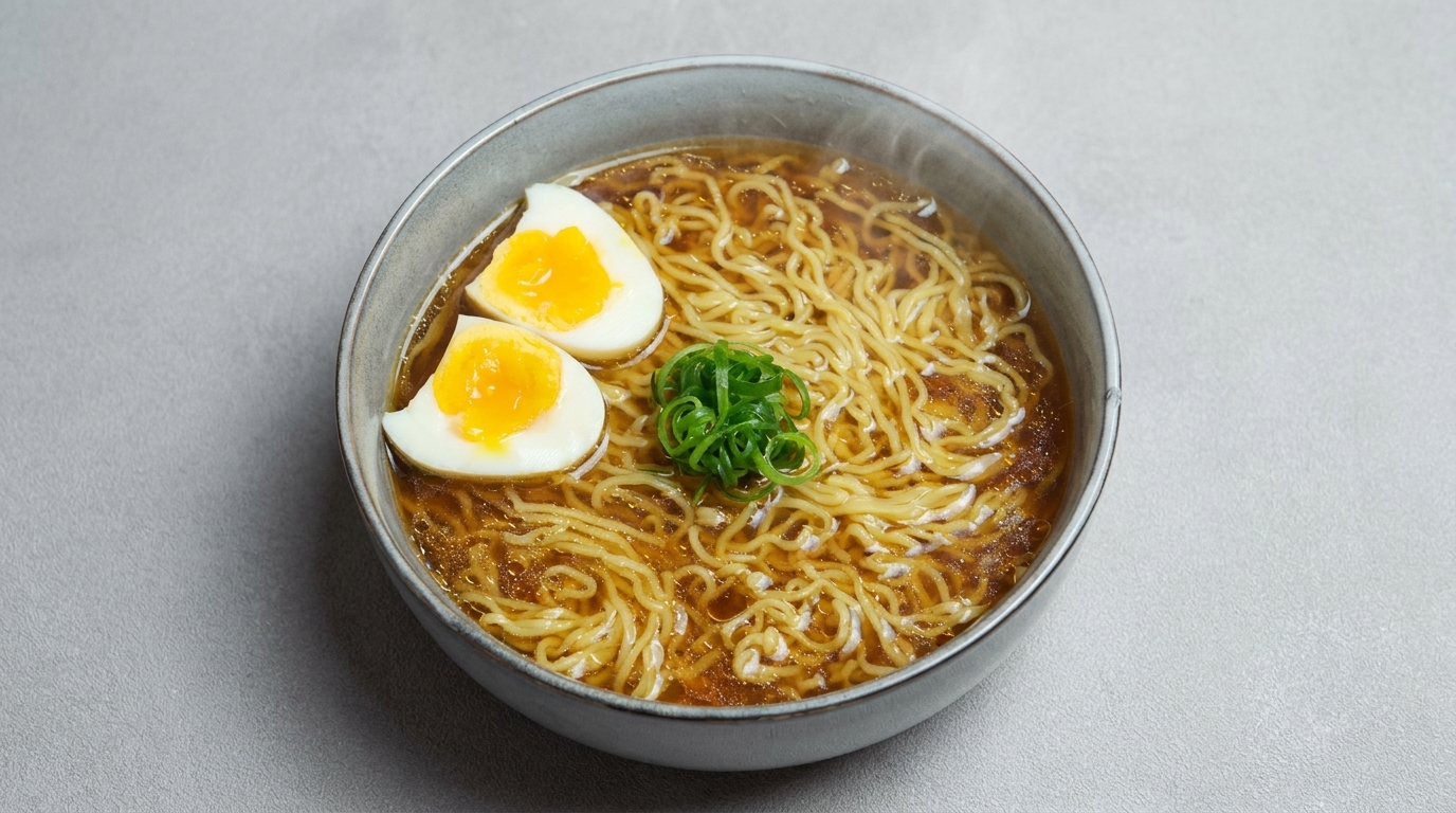 煮卵と青ネギをトッピングした、湯気立つ醤油ラーメンの一杯。