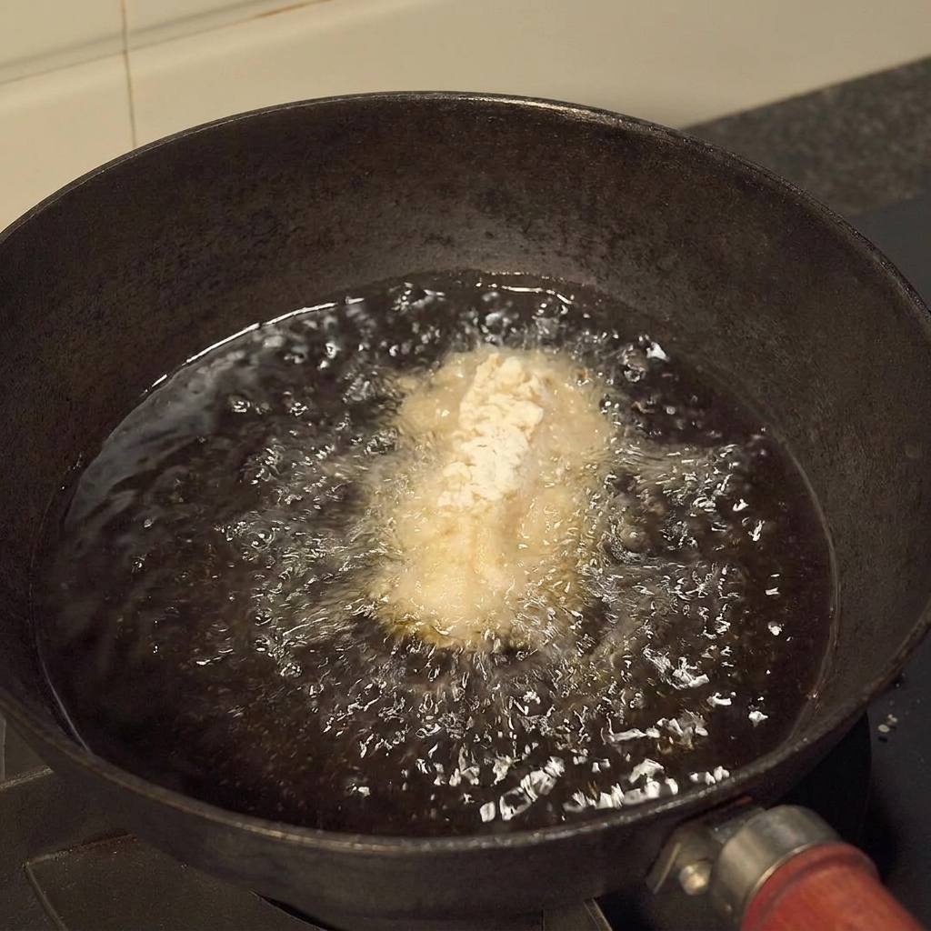 衣をつけた手羽先を熱い油の入った鍋で揚げ、きつね色になっている様子。