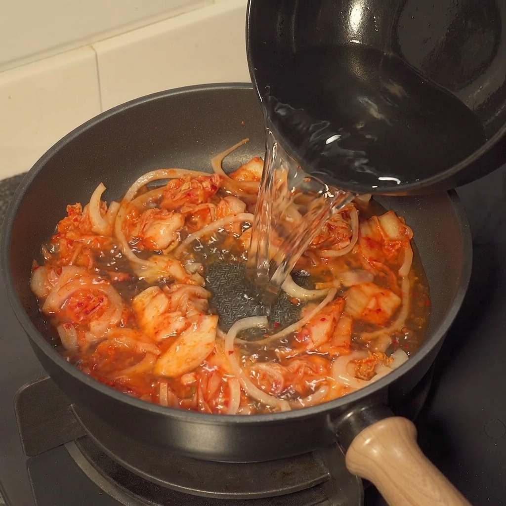 玉ねぎとキムチを炒めた鍋に水を注ぎ、その後ソースと調味料を加えている様子。