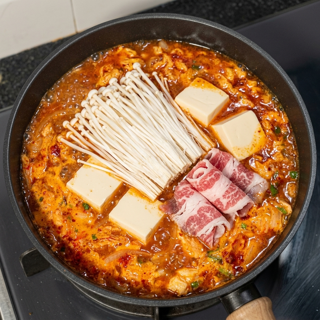 沸騰した赤いスープにえのき茸、絹ごし豆腐、生の牛薄切り肉を並べている様子。
