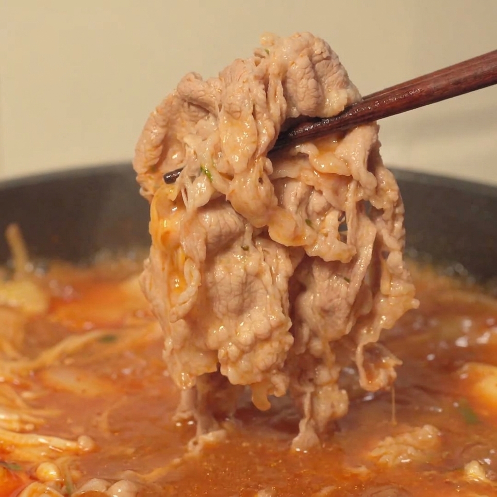 ぐつぐつと煮立つスパイシーな牛肉スープから、お箸でラーメンの麺を持ち上げている様子。
