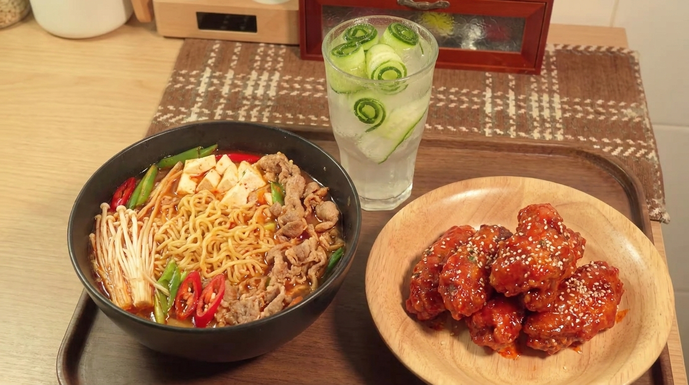 ピリ辛韓国風牛肉ラーメンと絶品フライドチキンの贅沢セット