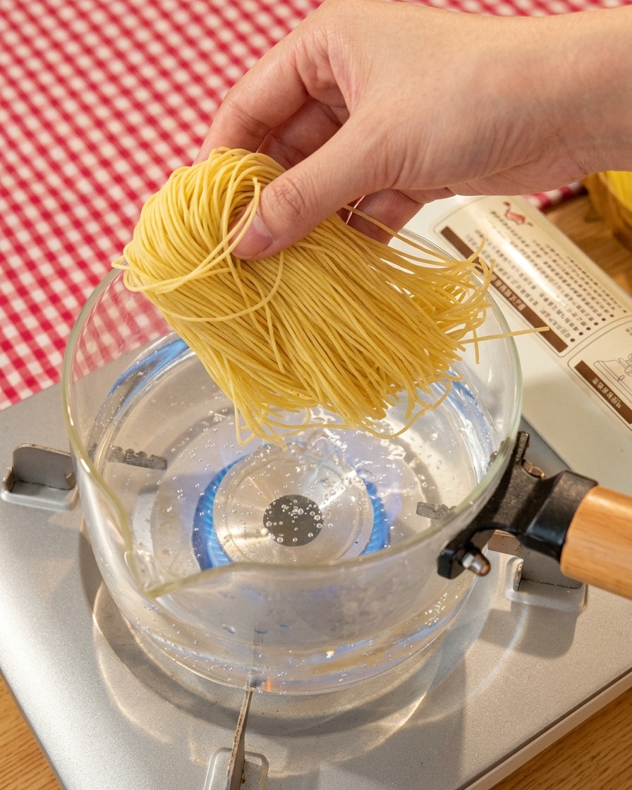 ポータブルコンロの透明な鍋で茹でられる新鮮なラーメンの麺。
