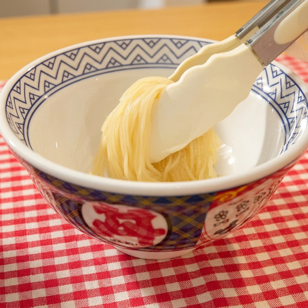 トングを使って、茹で上がったラーメンの麺を飾り付け用の陶器の丼に移す様子。