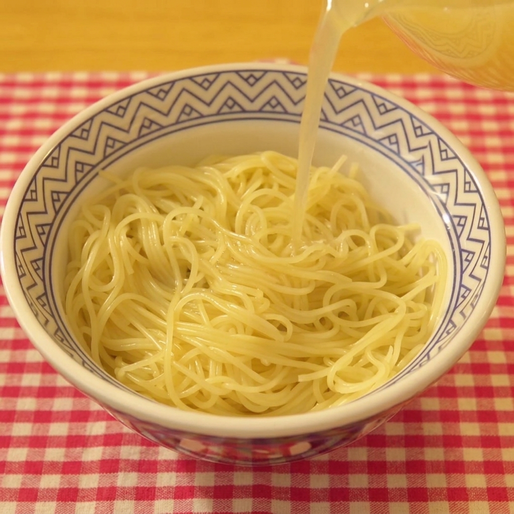 麺を入れた丼に、クリアで香り高いスープを注ぐクローズアップ。