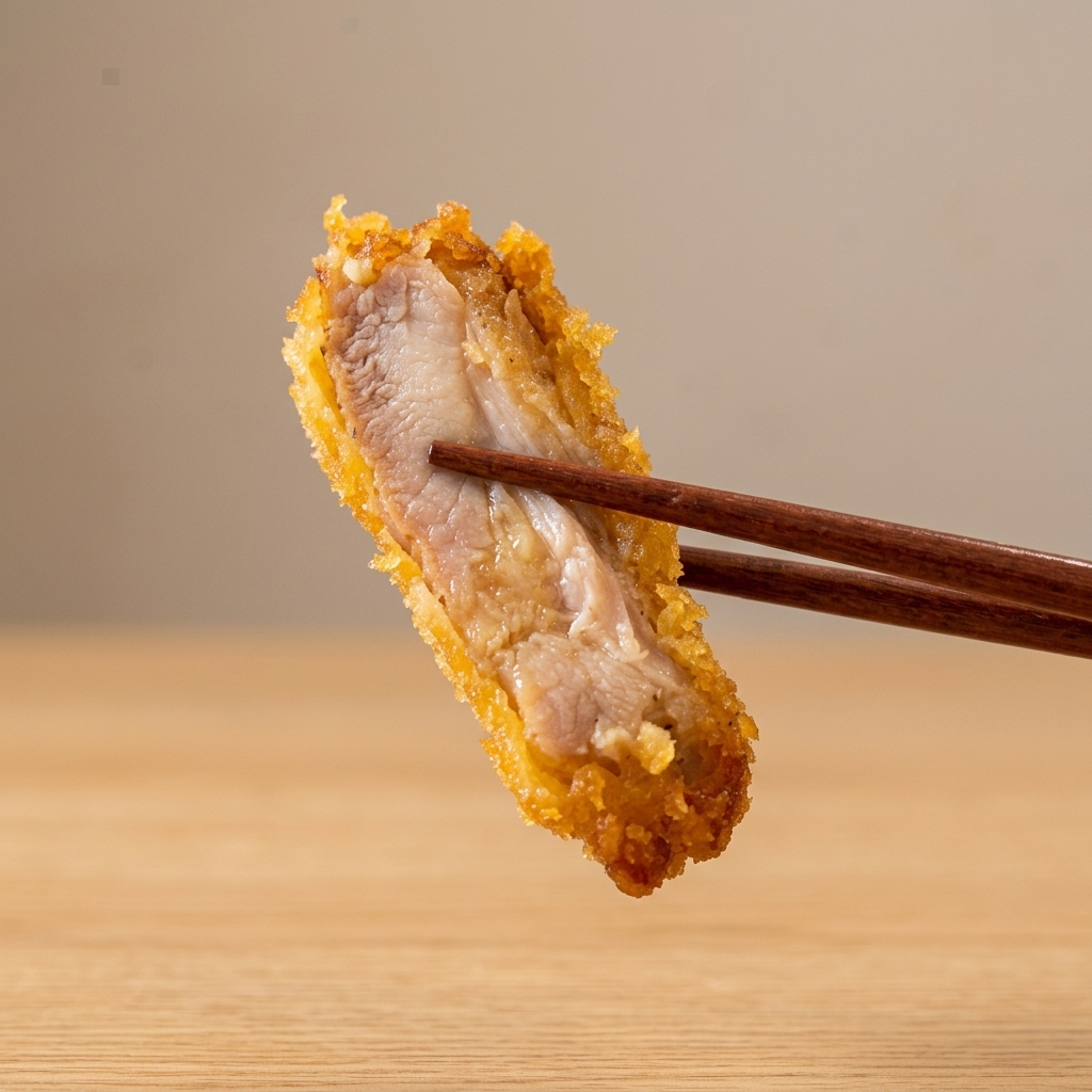 衣をつけた鶏カツを、油の入った鍋に慎重に入れている様子。