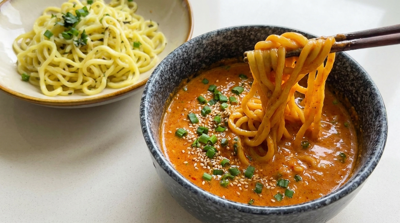濃厚な味噌つけ汁に、薬味を添えた冷やしラーメンを合わせた一皿。