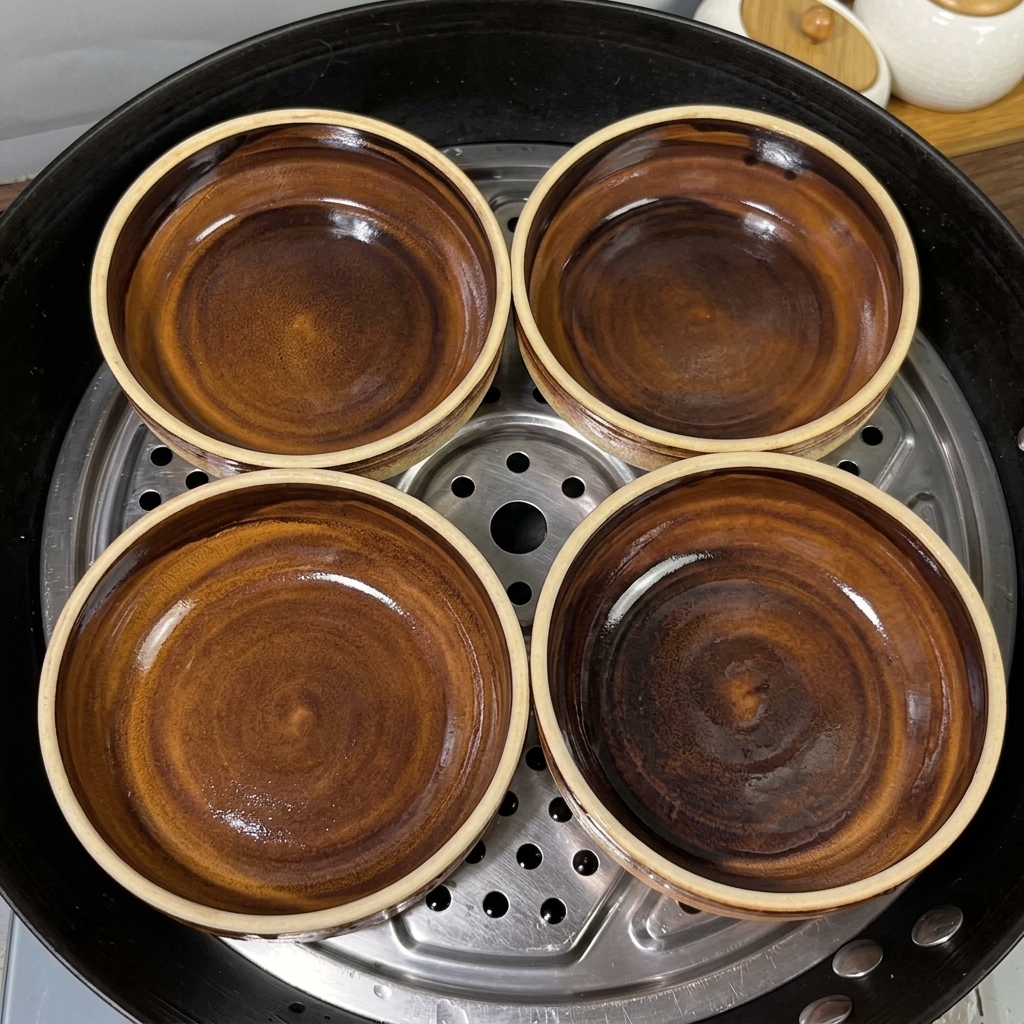 蒸し器用のラックに並べられた4つの空の陶器の器。