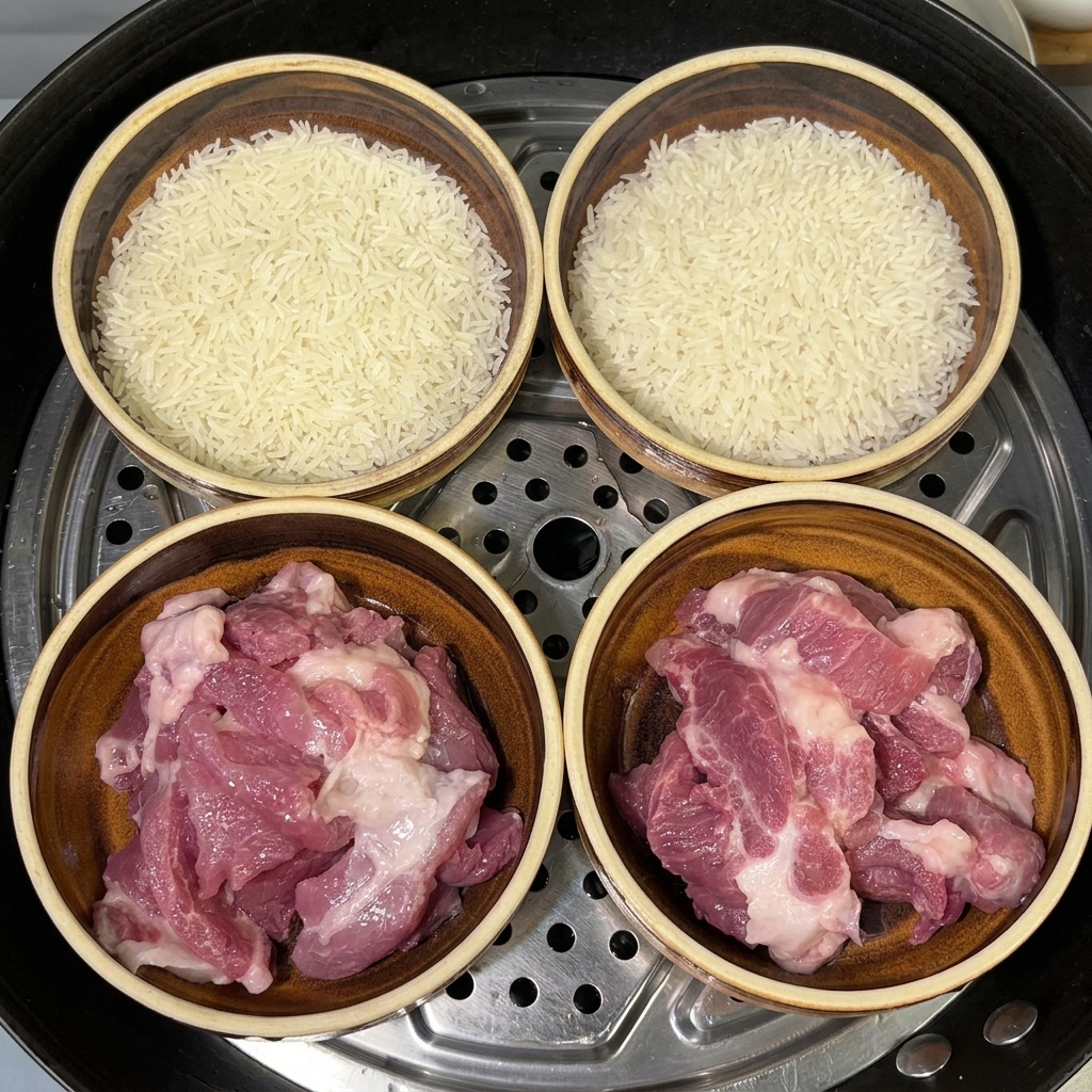 豚肉と米が入った4つの器に、スプーンで塩を加えている様子。