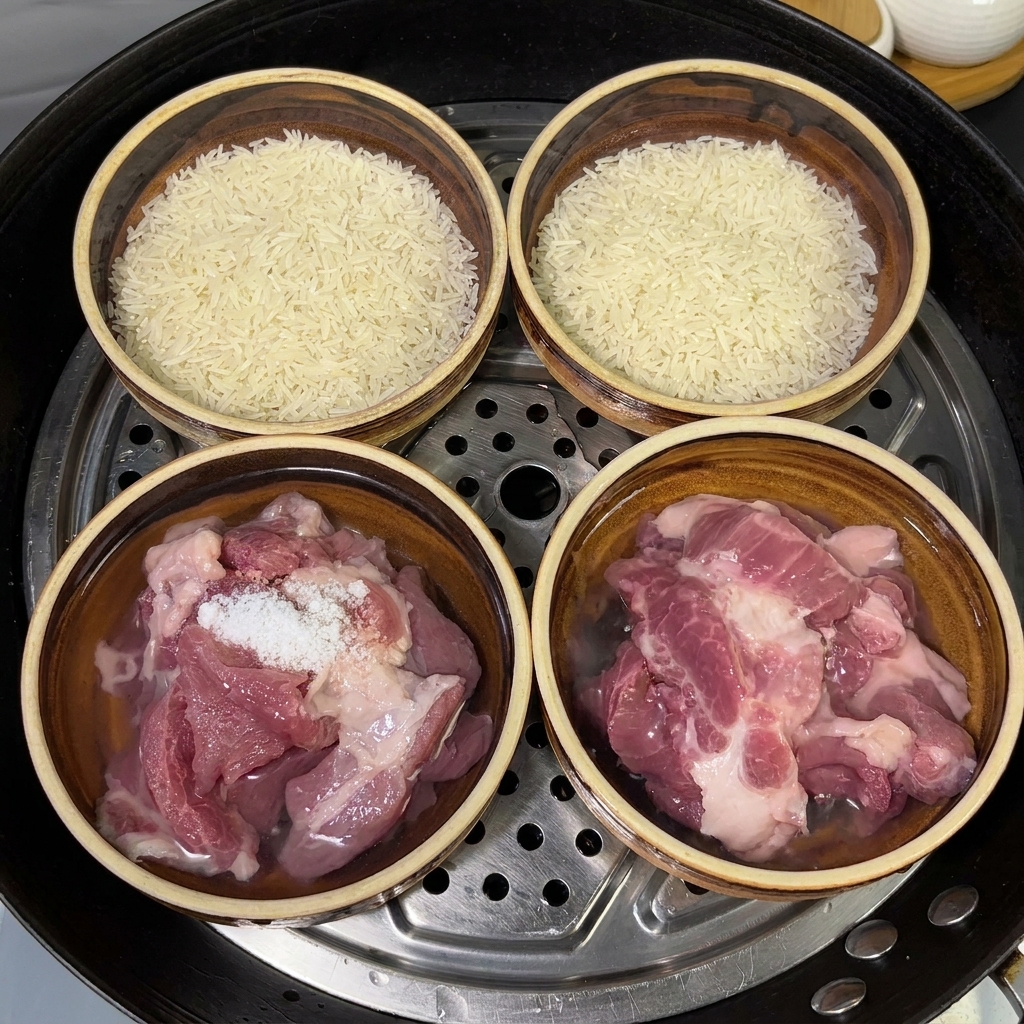 豚肉、米、塩が入った器に水が注がれている様子。