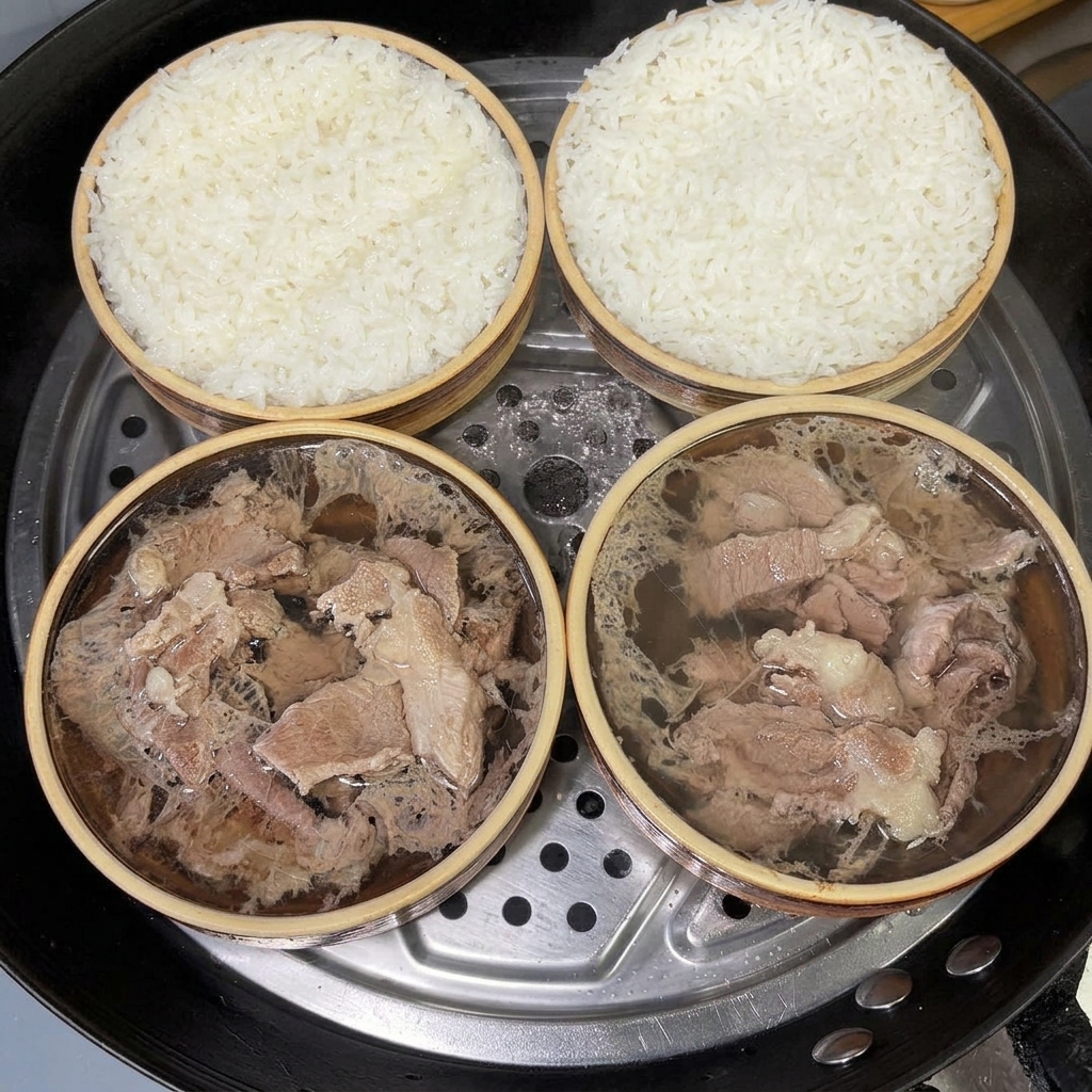 蒸し上がった豚肉とごはんの器に、ホワイトペッパーパウダーを振りかけている様子。