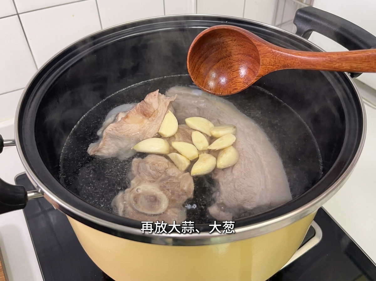 圧力鍋にニンニクや玉ねぎなどのスパイスを入れている様子。