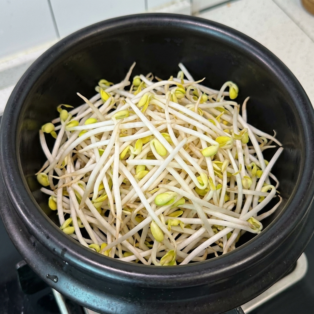 土鍋にもやしとほぐした豚肉を敷き詰めている様子。