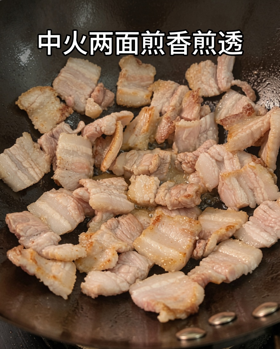 豚バラ肉がきつね色に焼けている様子。