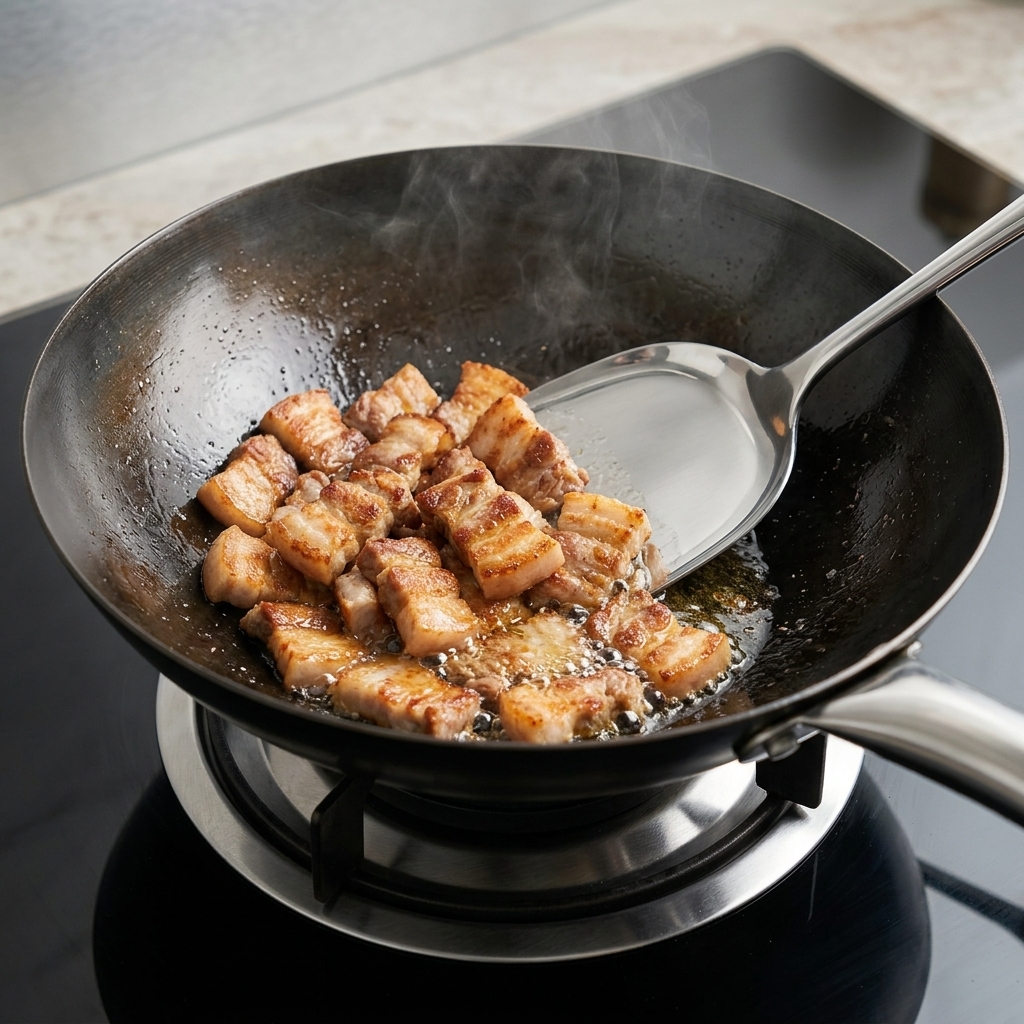 豚肉の隣でスライスにんにくを炒めている様子。