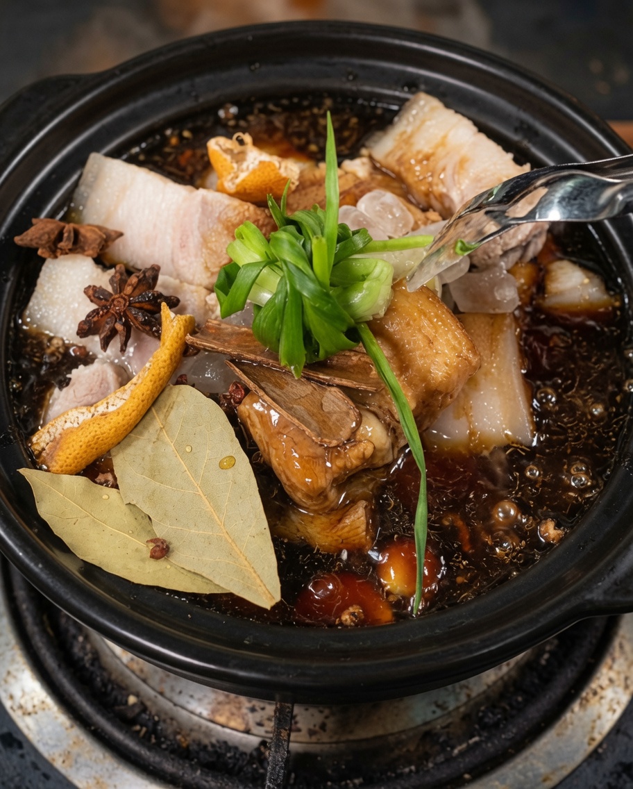 蓋をした土鍋で角煮が煮込まれている様子。