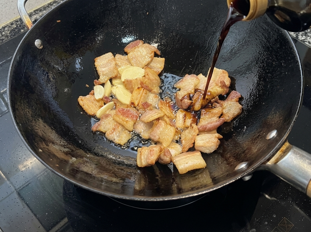 醤油とオイスターソースを豚肉と混ぜ合わせている様子。