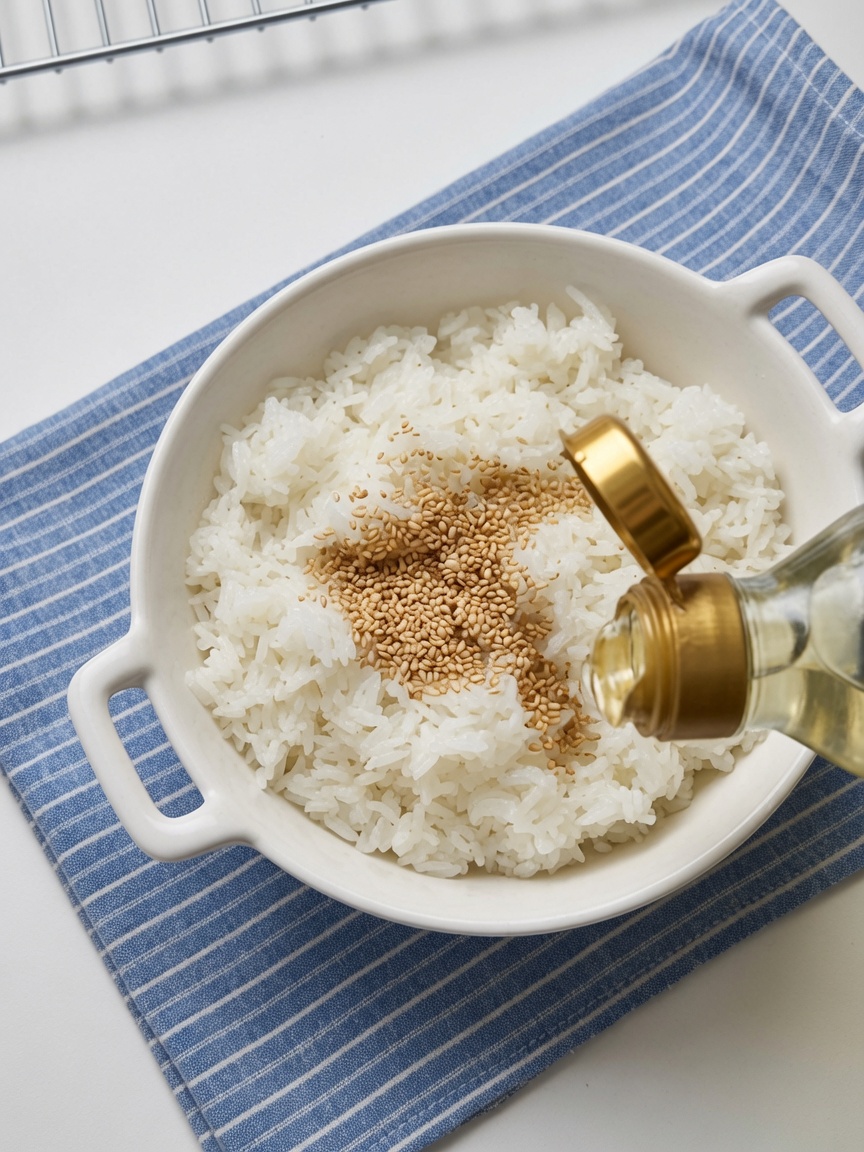 ごまと酢を加えて混ぜ合わせる炊きたてのご飯。