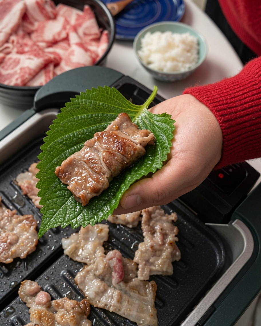 箸で焼いた豚バラ肉を準備した葉の上にのせている様子。