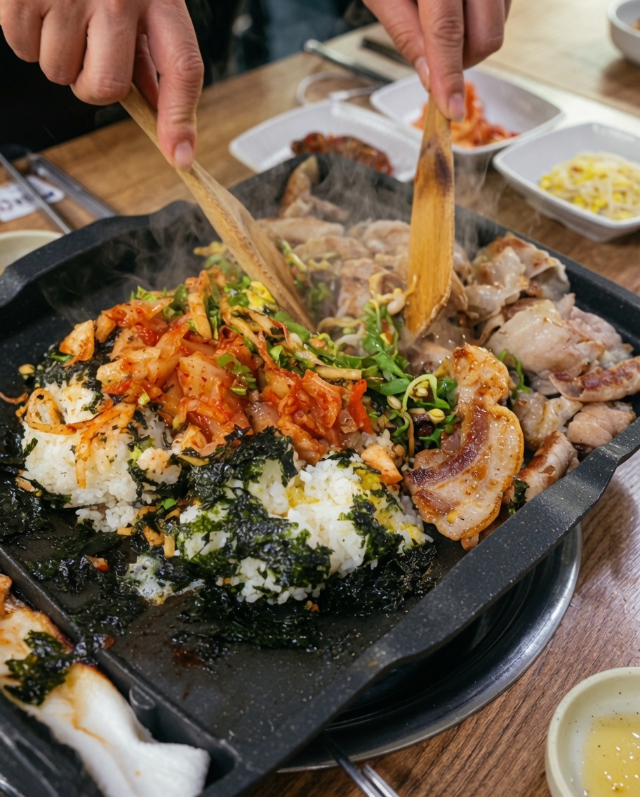 木製のヘラを使って鉄板上でご飯と肉、野菜を混ぜる様子。