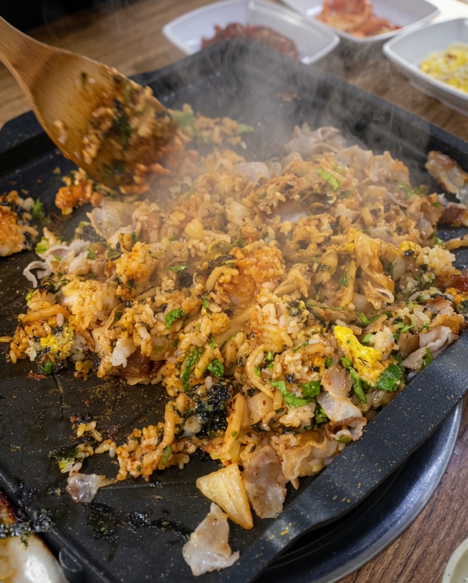鉄板に薄く広げられ、カリッと焼き色がつき始めたチャーハン。