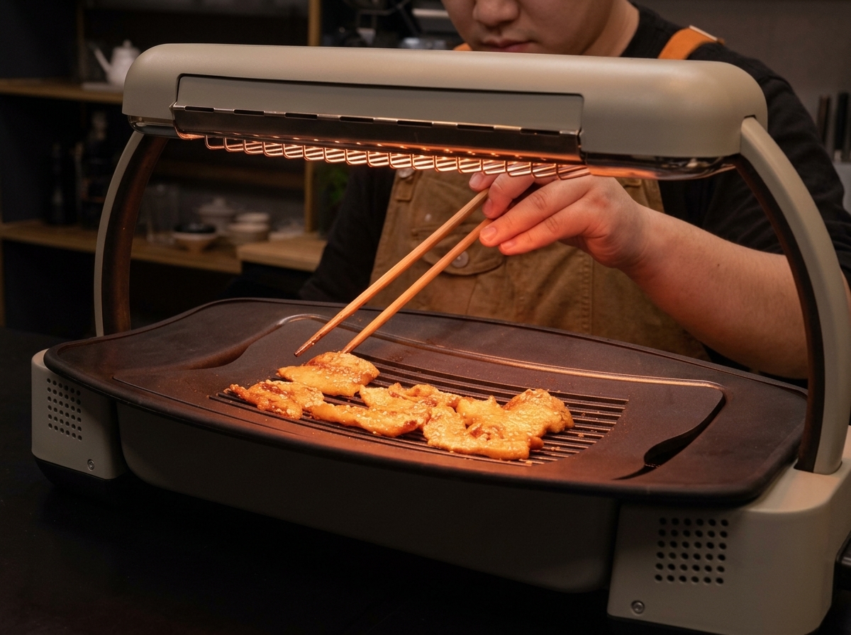 箸を使って豚バラ肉を裏返し、両面に焼き色をつけている様子。