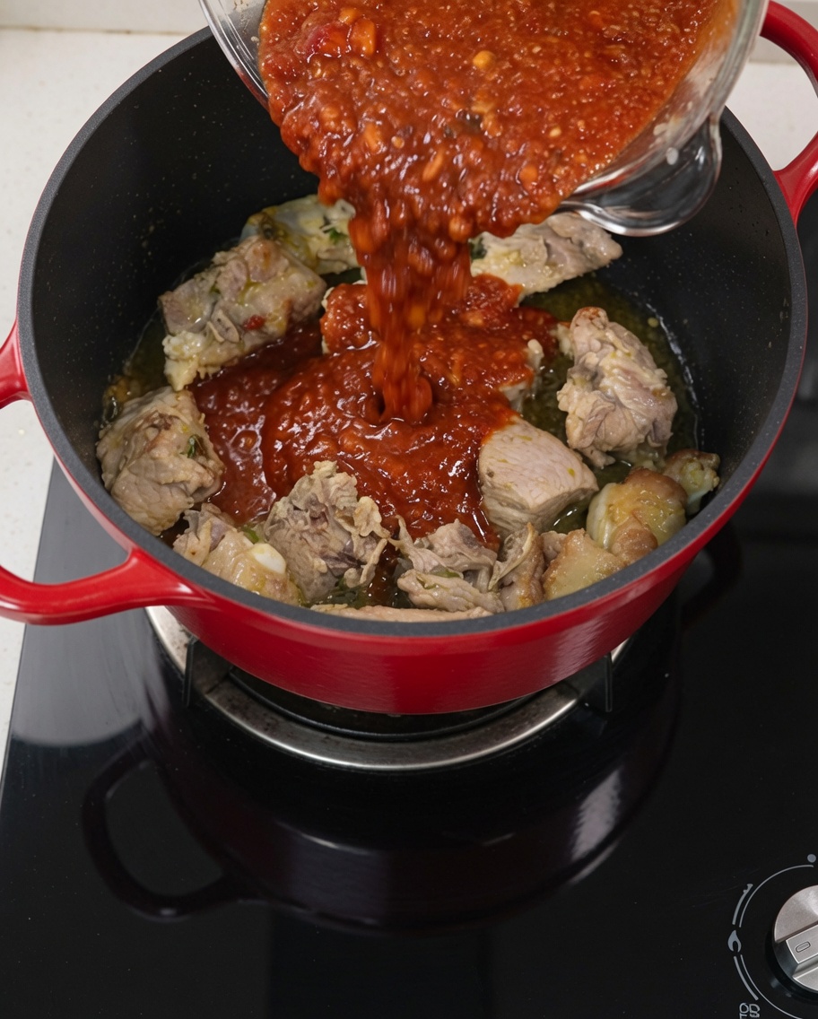 焼いたスペアリブにタレを加えて煮込んでいる様子