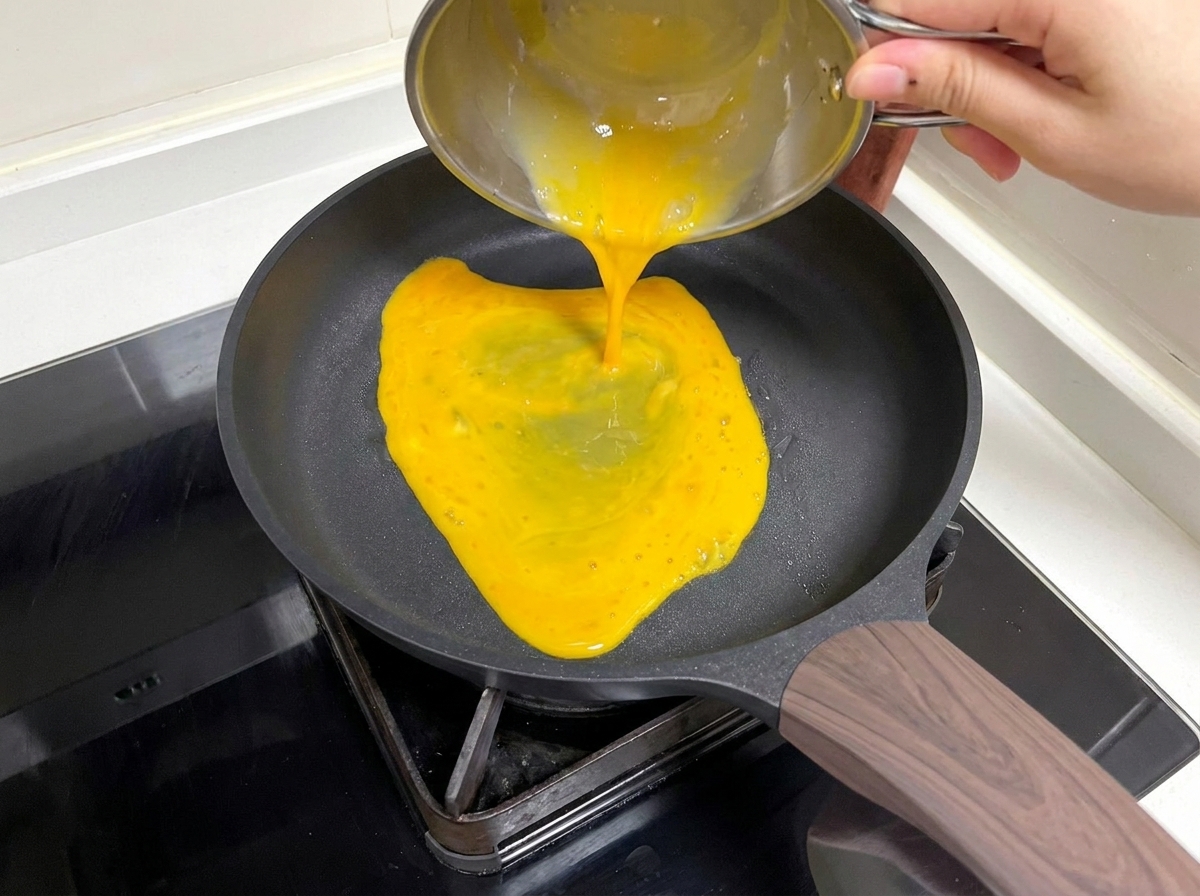 薄焼き卵を作るために、溶き卵の混合物が熱した油を引いたフライパンに注がれている様子。