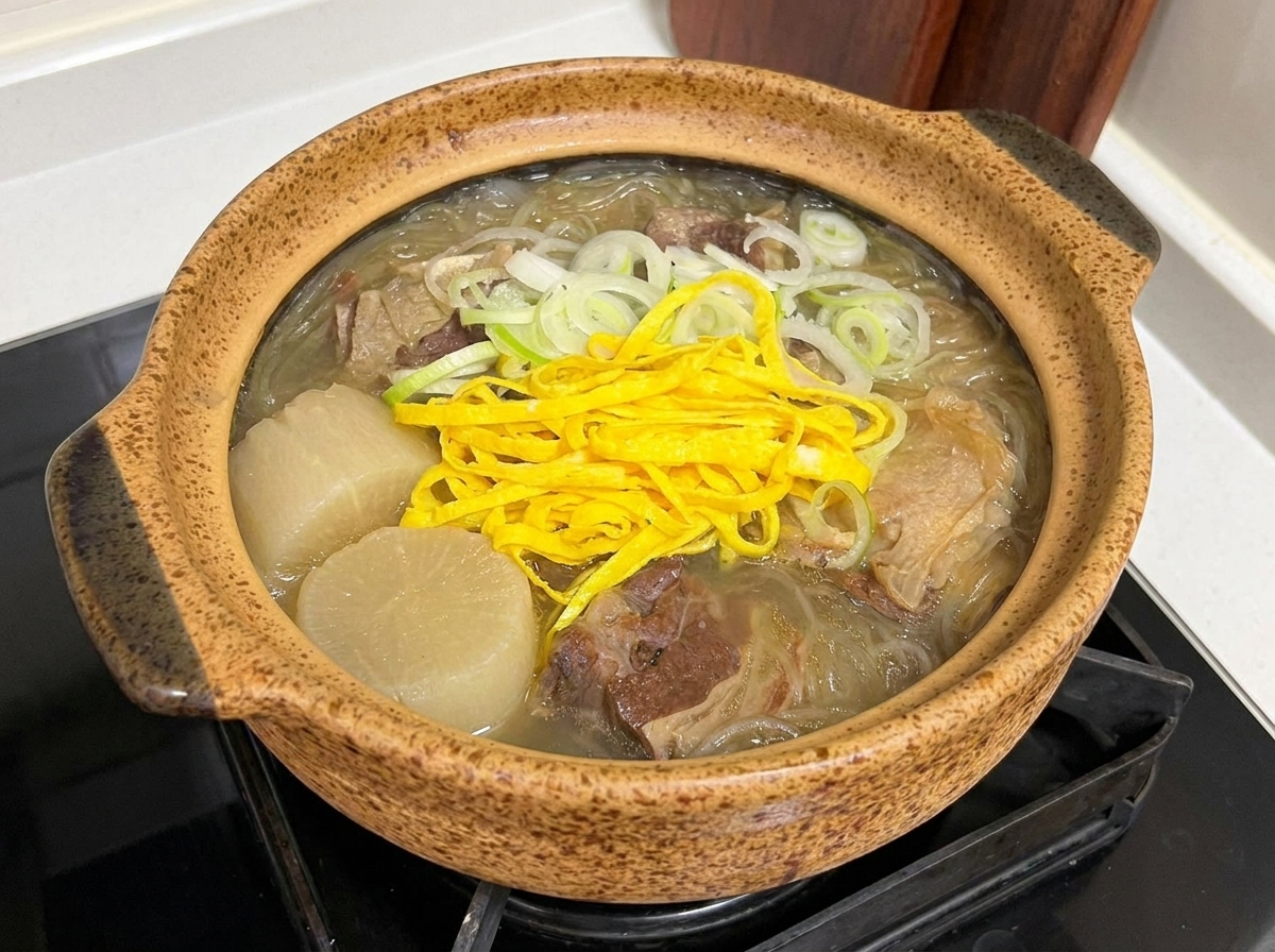 仕上がった牛骨スープのボウルに、塩と黒こしょうが軽く振りかけられている様子。
