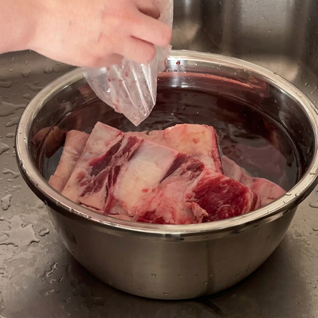 キッチンシンクのボウルで水に浸かっている生の牛骨付きカルビ。