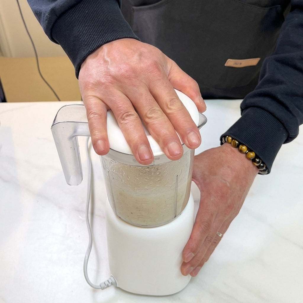 ミキサーで刻んだ梨と少量の水を混ぜて、なめらかなジュースにしている様子。