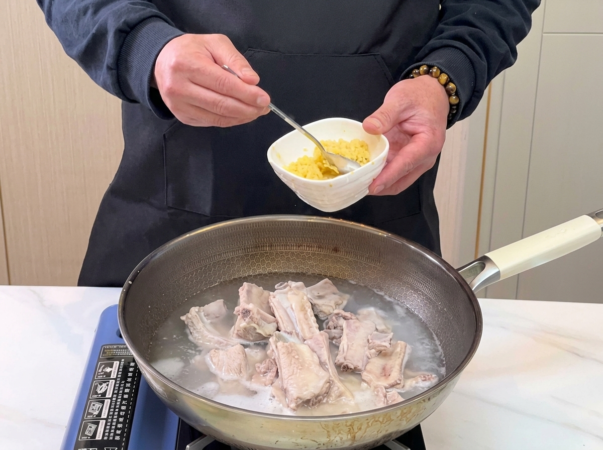 小さめのボウルからおろしニンニクを鍋の煮汁に加えている様子。