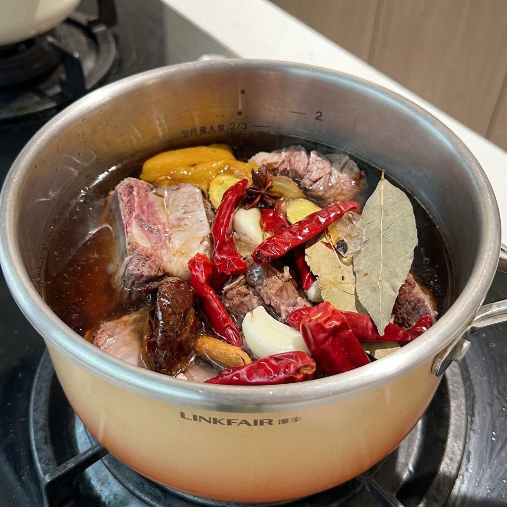 調味料が混ざった肉に、熱湯を注いでいる様子。