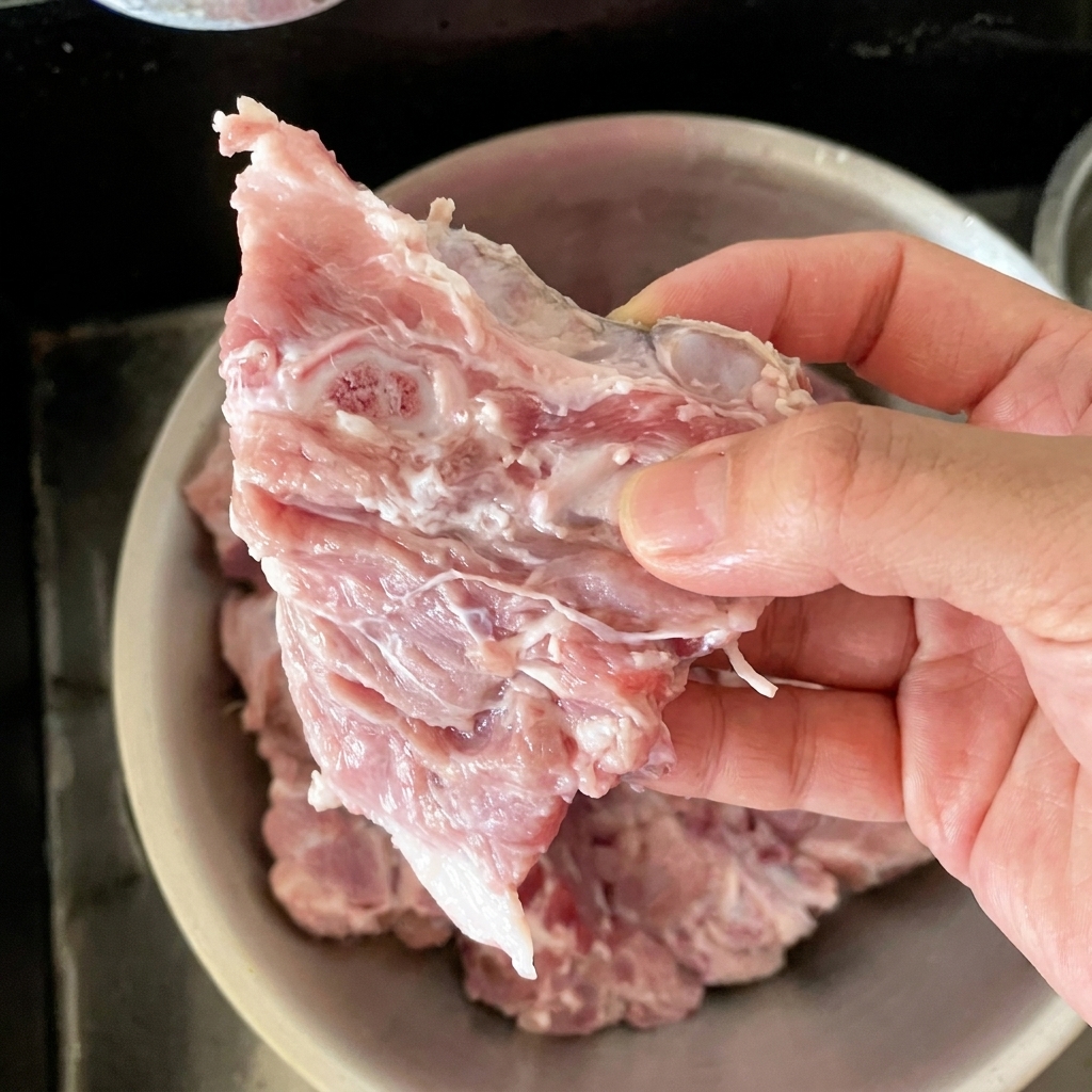 大きなボウルで水に浸かっている生の豚背骨。