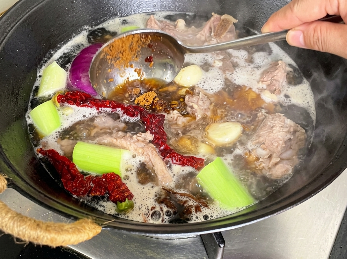 煮汁に韓国味噌を溶かし入れている様子。