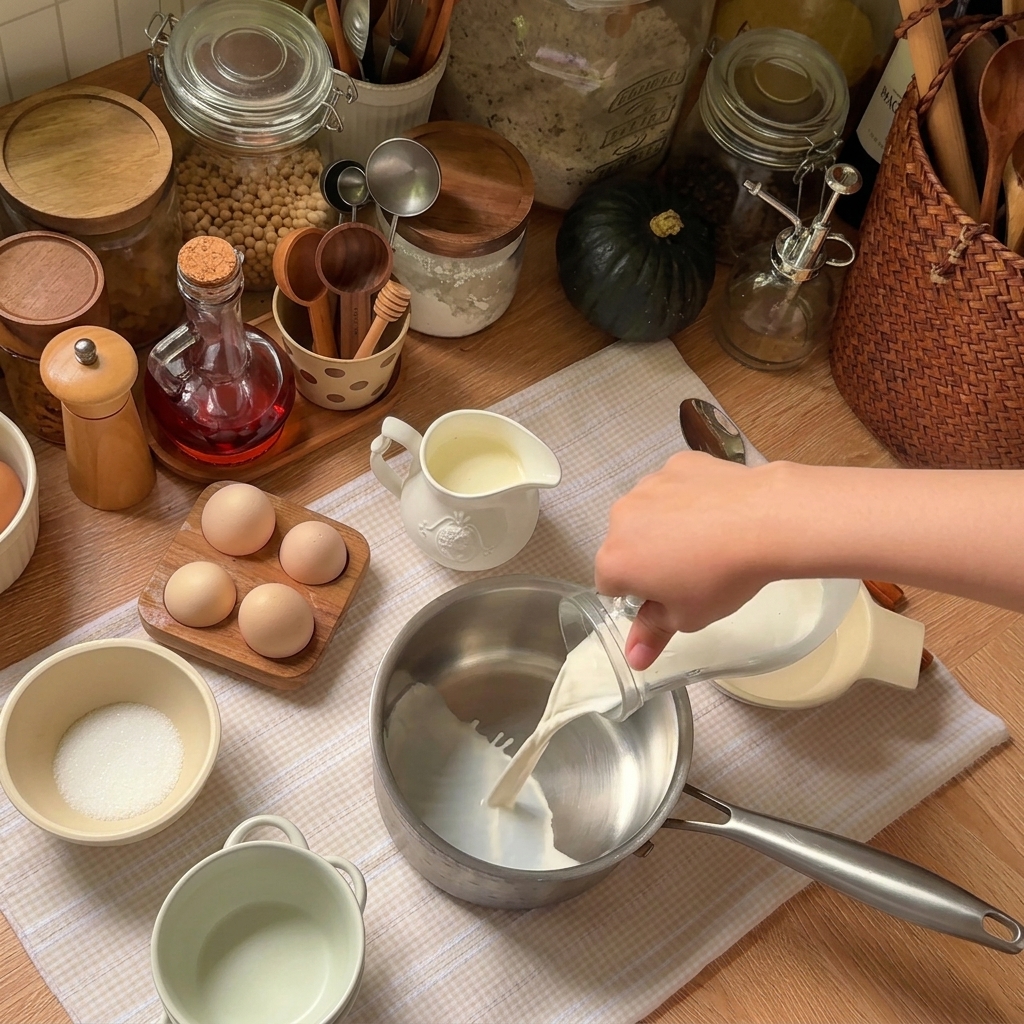 計量カップから鍋に牛乳と生クリームを注いでいる様子