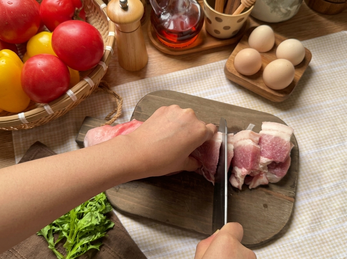 まな板の上で豚バラ肉をスライスしている様子