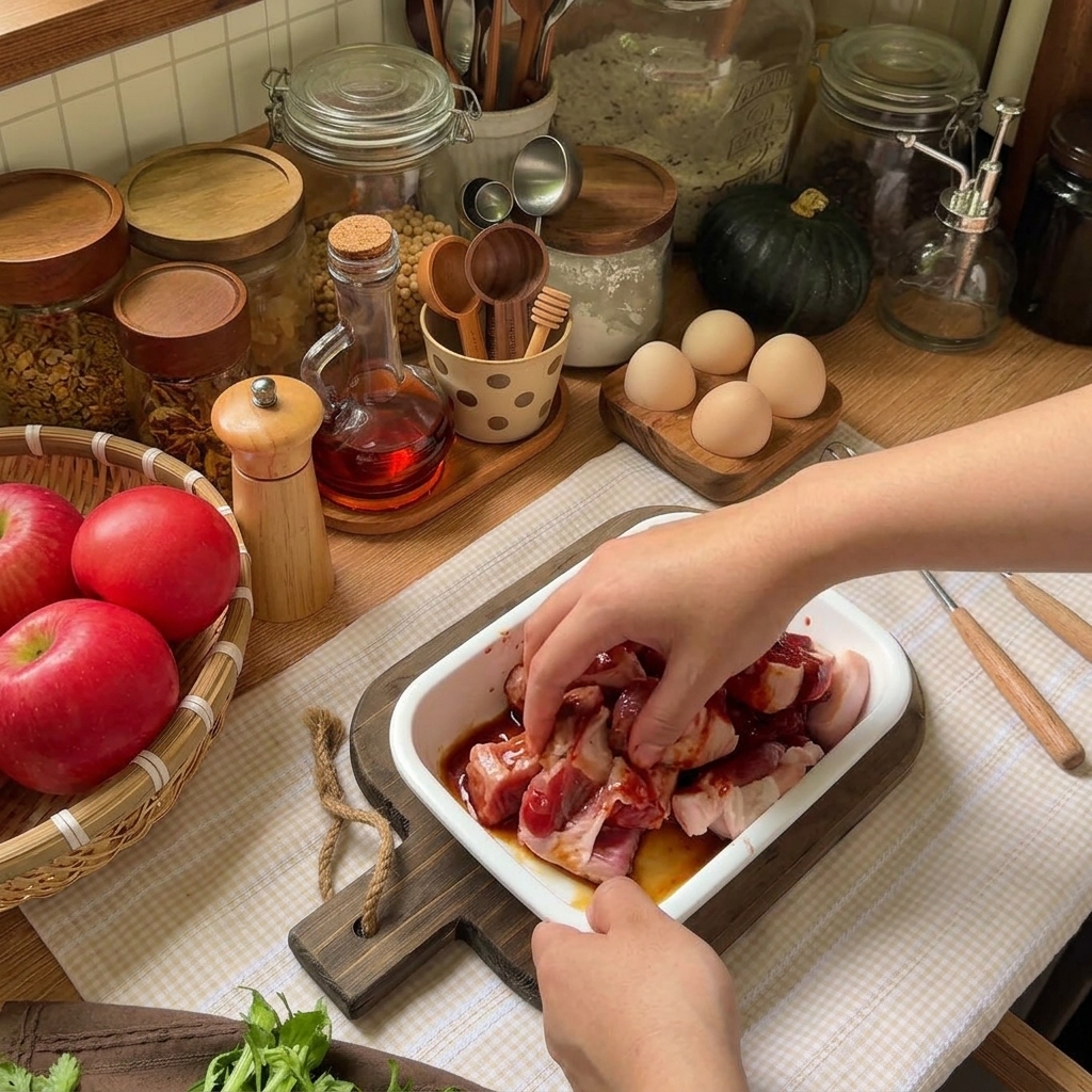 耐熱皿の中で豚肉を真っ赤なタレと和えている様子