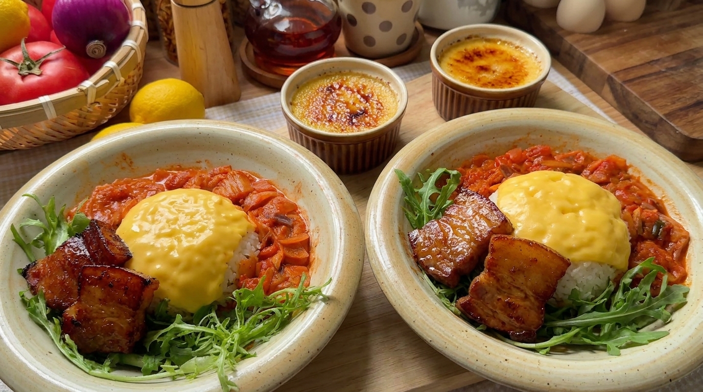 韓国風スパイシー・クリーム豚バラ丼とキャラメル・クレームブリュレ
